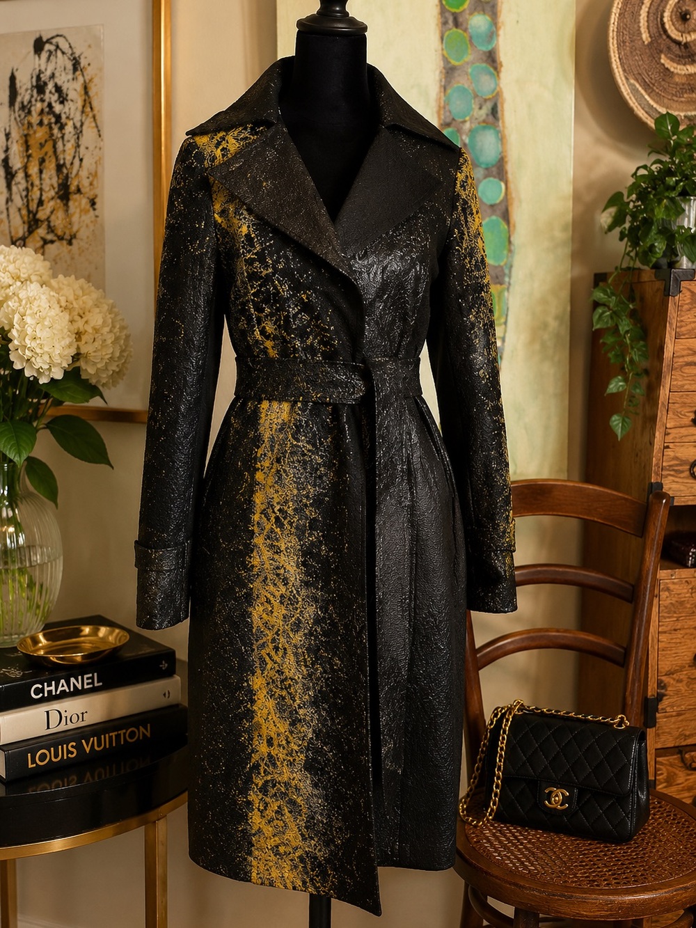 Black and Yellow Textured Trench Coat with Artistic Flair
